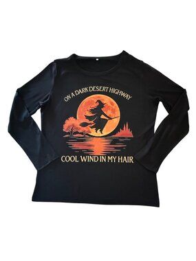 Witch Halloween Tee Womens L Dark Desert Highway Graphic Long Sleeve Black